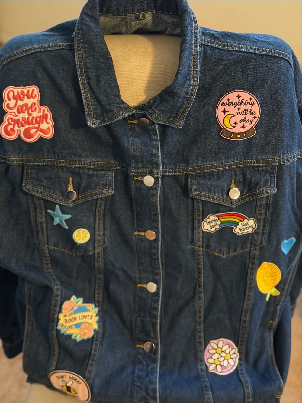 Dark Blue Embroidered Patch Denim Jacket - Women